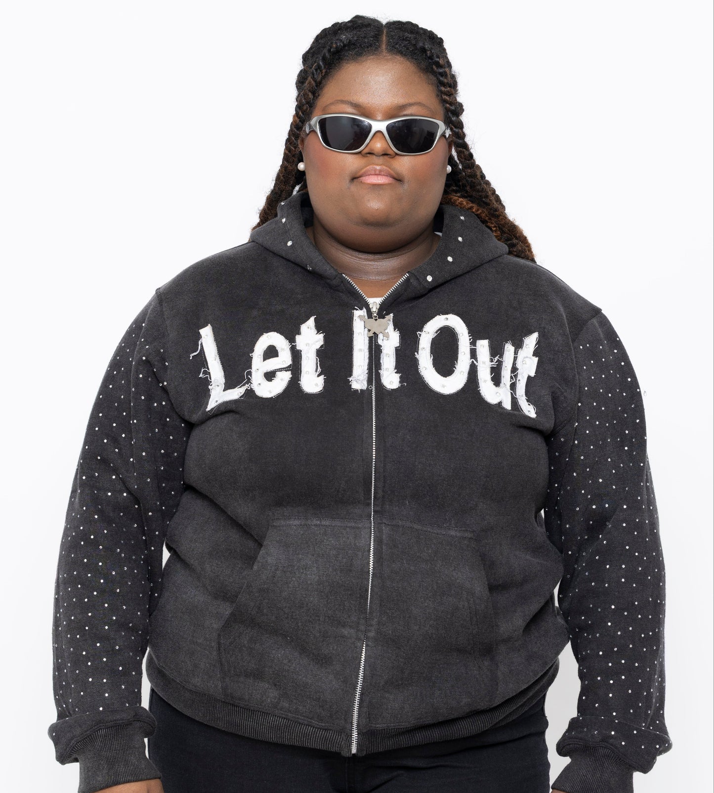 LET IT OUT Rhinestone Hoodie (Gray – Zip)