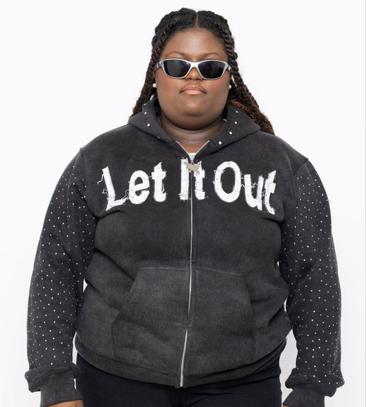 LET IT OUT Rhinestone Hoodie (Gray – Zip)