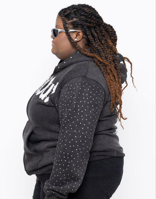 LET IT OUT Rhinestone Hoodie (Gray – Zip)