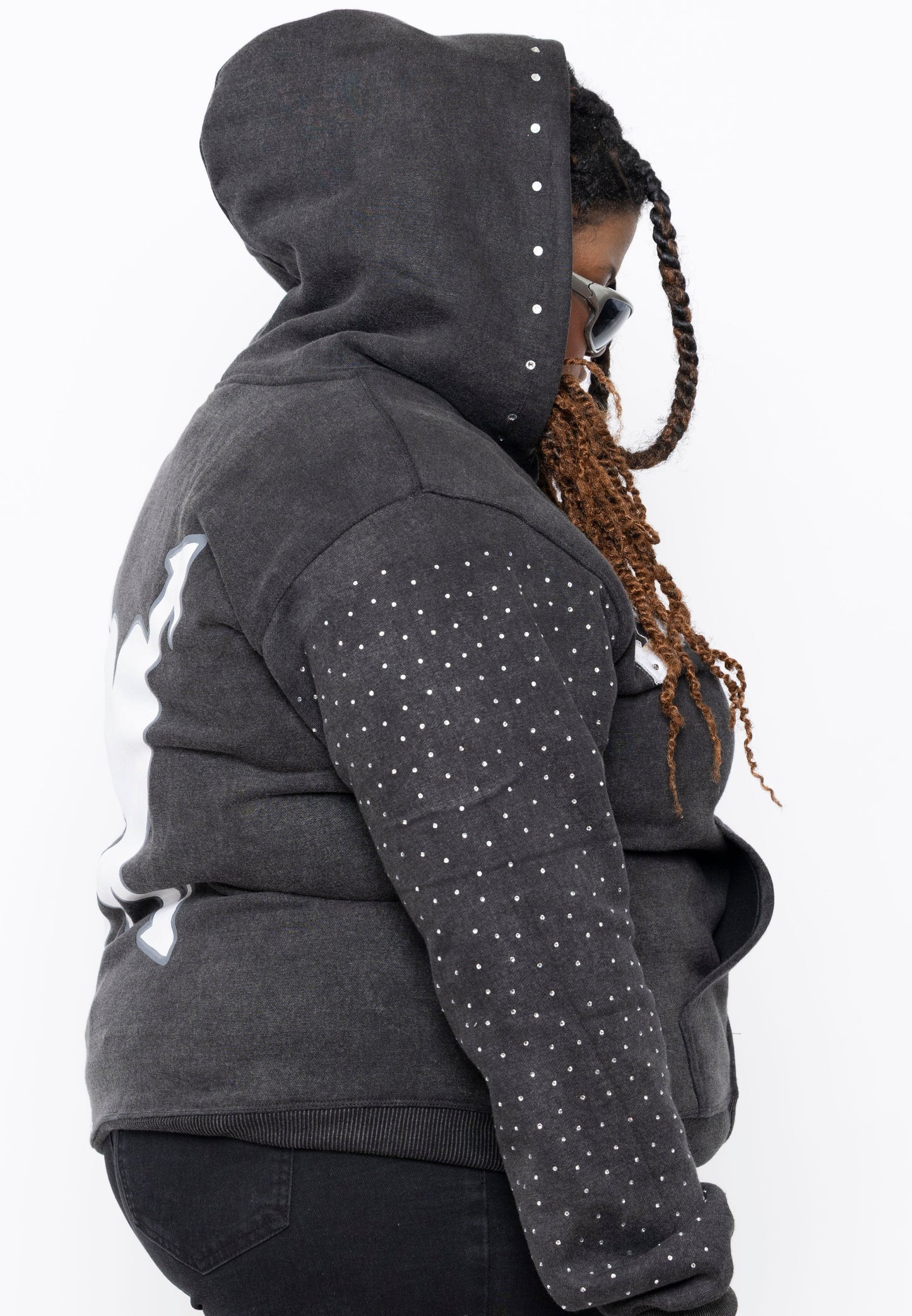 LET IT OUT Rhinestone Hoodie (Gray – Zip)