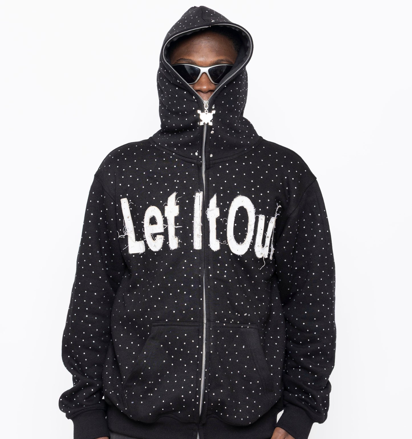 LET IT OUT Rhinestone Hoodie (Black – Full Zip)