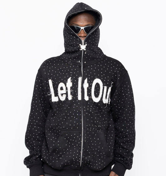 LET IT OUT Rhinestone Hoodie (Black – Full Zip)